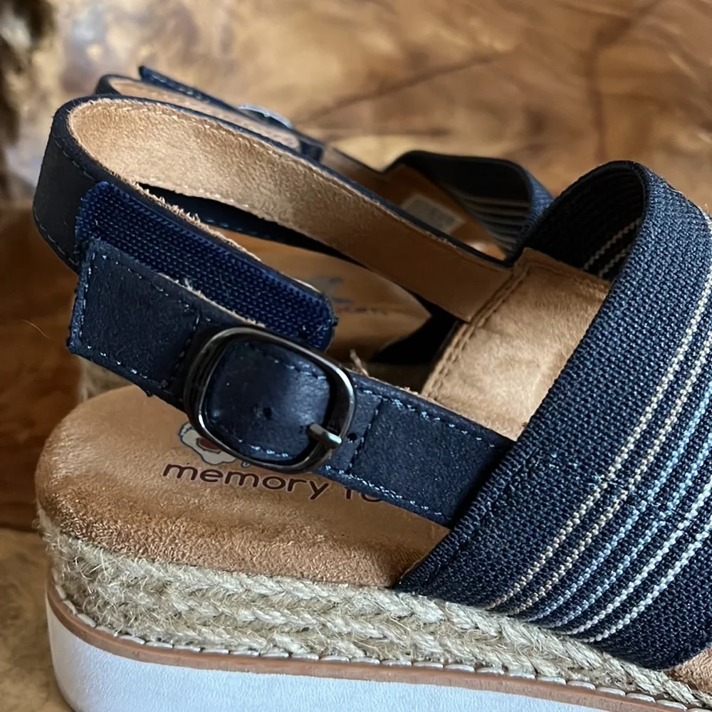 BOBS from Skechers Navy and White Striped Wedge Sandals